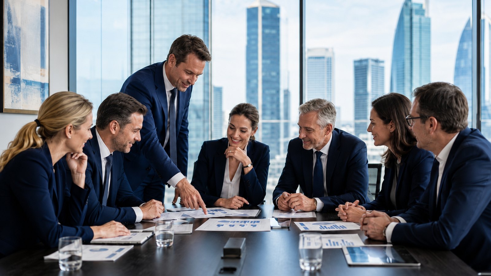 Besprechung im Konferenzraum mit Blick auf die Frankfurter Skyline